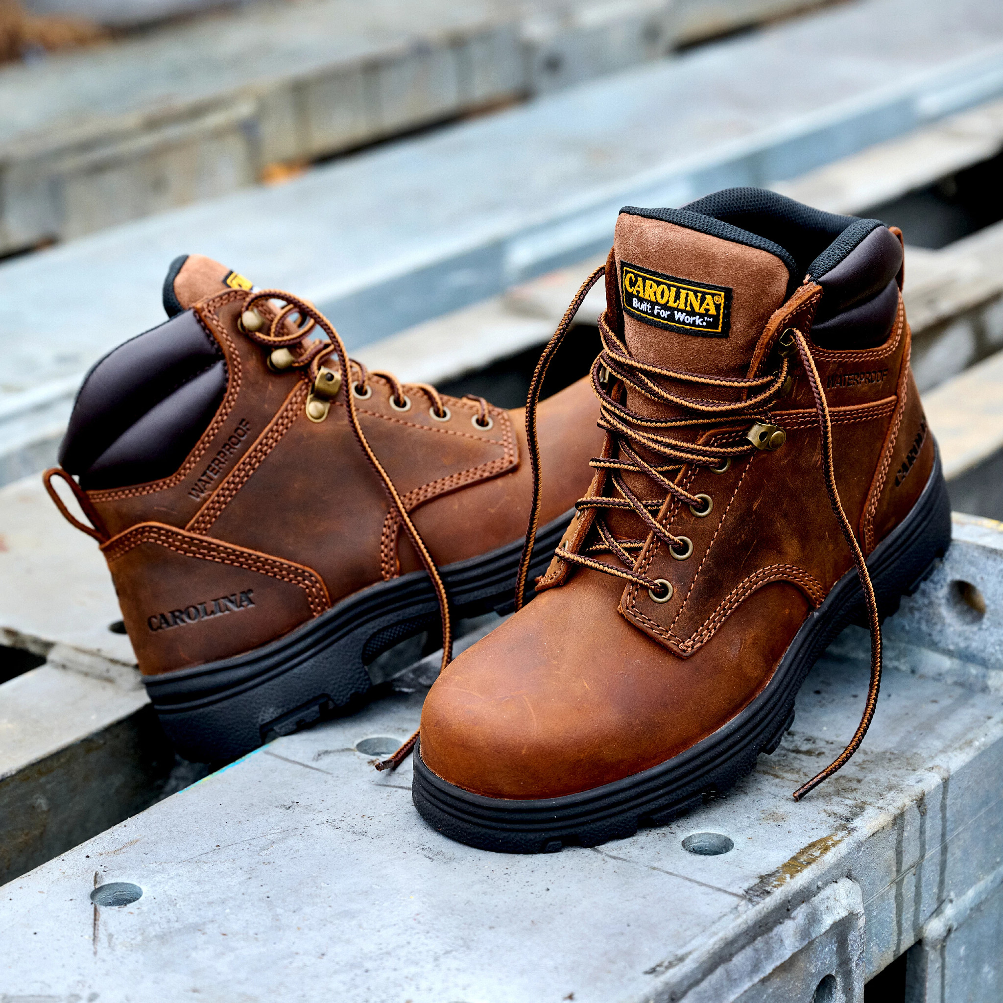 Men's Carolina 6 Inch Steel Toe Waterproof Engineer shown on model 