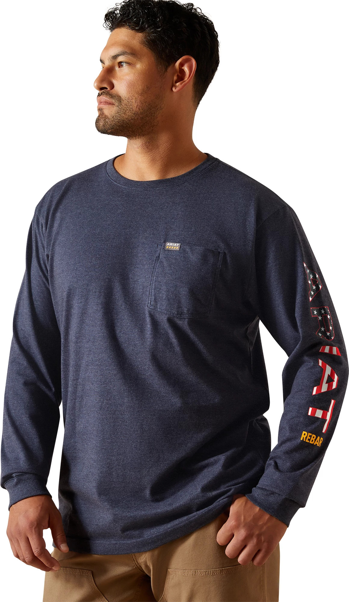 Men's Ariat Cotton Strong Logo Pocket Long Sleeve T-Shirt shown in Navy Heather/Lime (Blue)