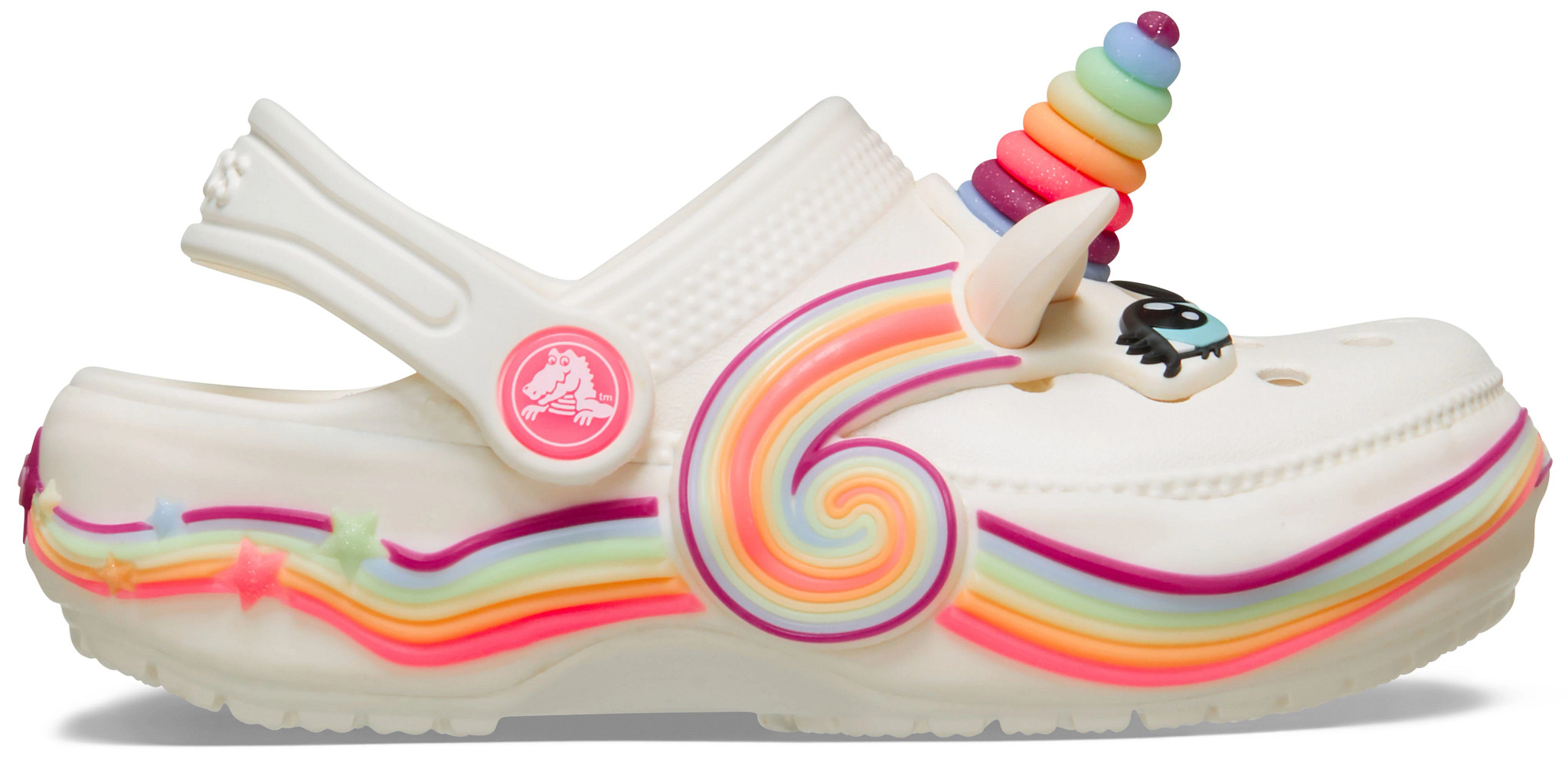 Toddler Girl's Crocs Classic Unicorn Clog shown in Chalk (Multicolor)
