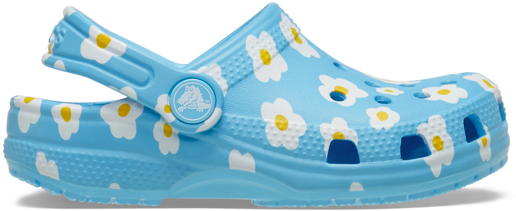 Toddler Girl's Crocs Classic Clog shown in Daisy Tinted Glass (Blue)