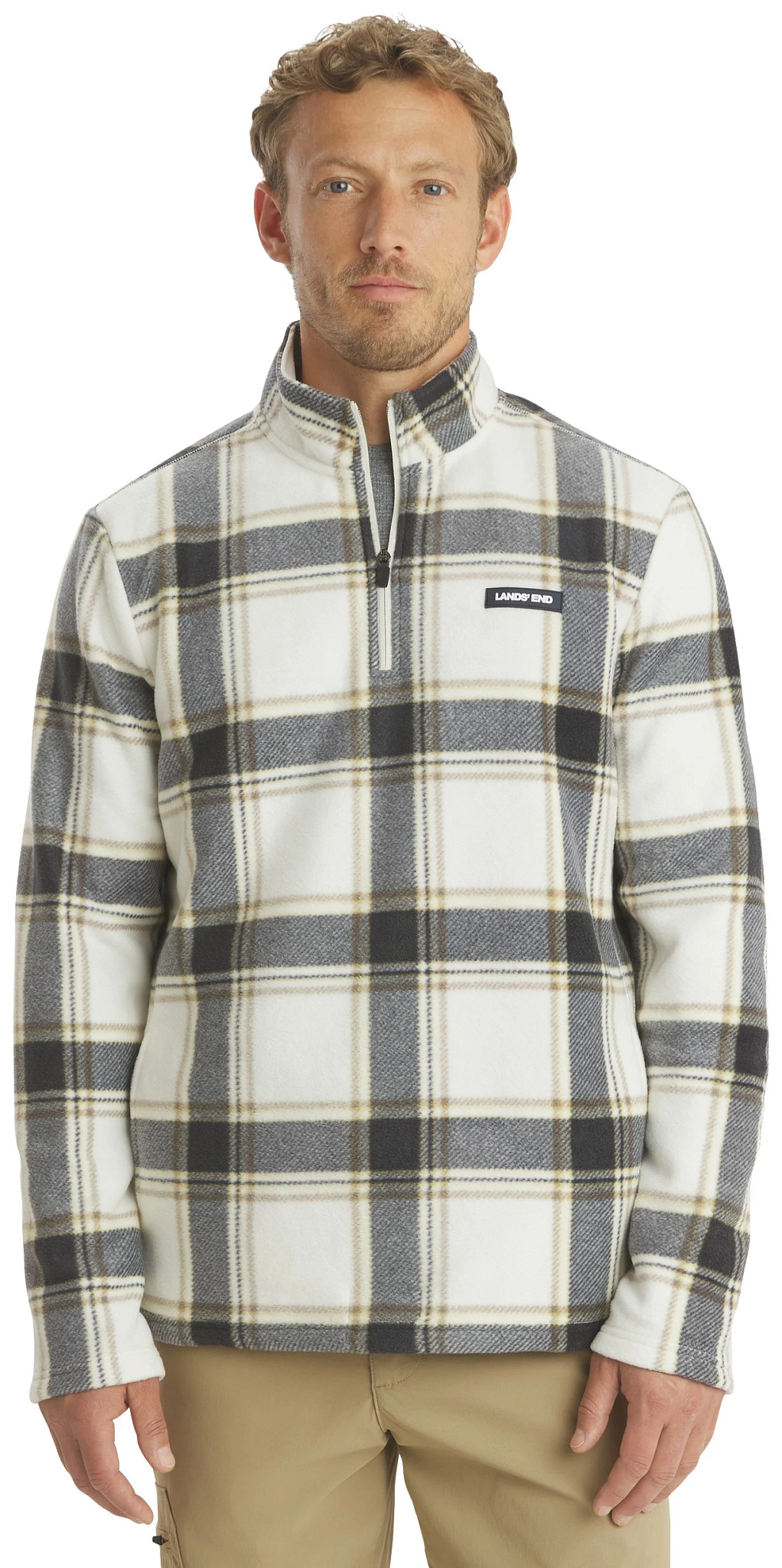 Men's Lands' End Printed Micro Polar Quarter Zip Fleece shown in Cream (Off White)