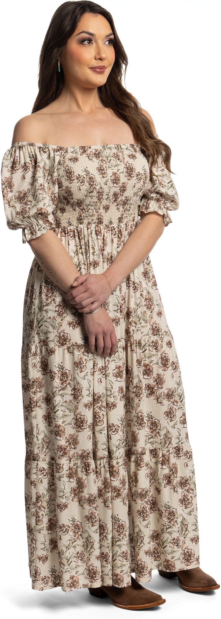 Justin Smocked Maxi Dress shown in Floral Brown Cream (Multicolor)