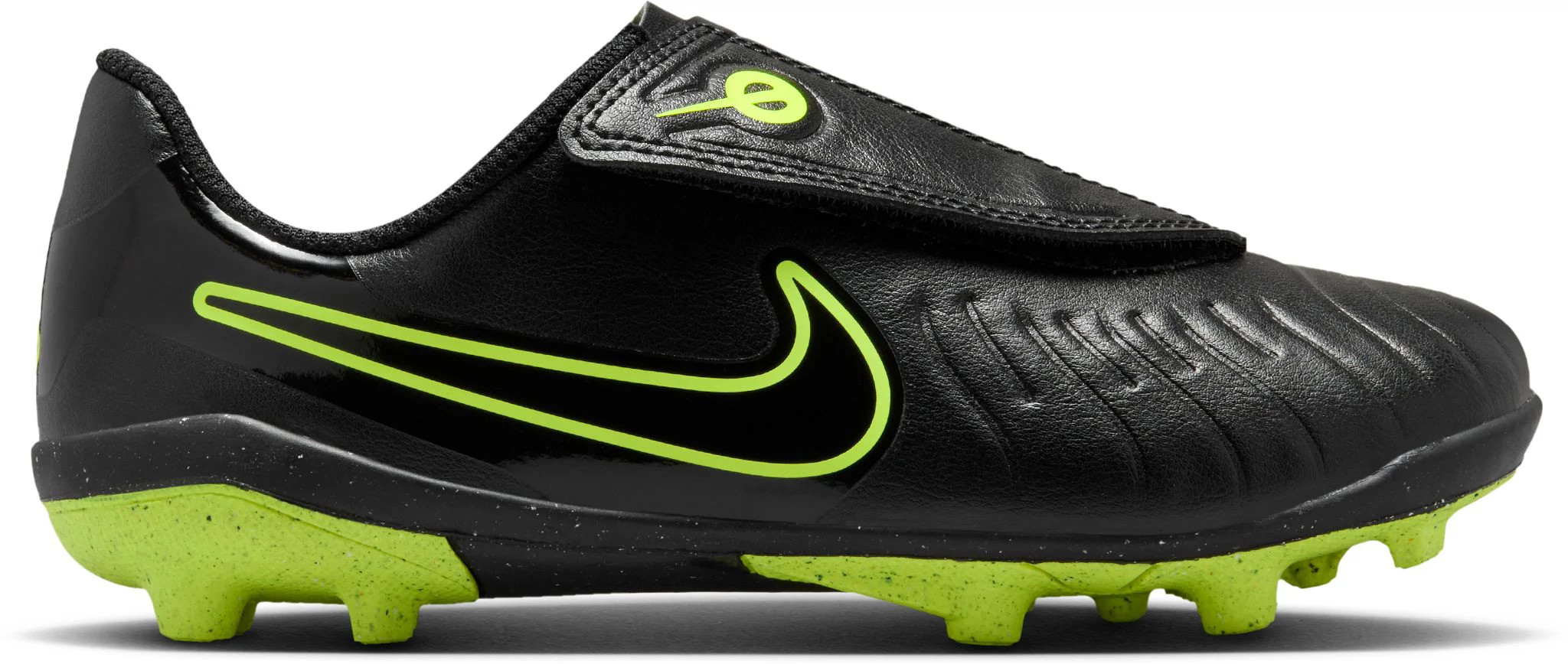 Boy's Nike Jr. Tiempo Legend 10 Club Multi Ground Soccer Cleat shown in Black/Volt (Black)