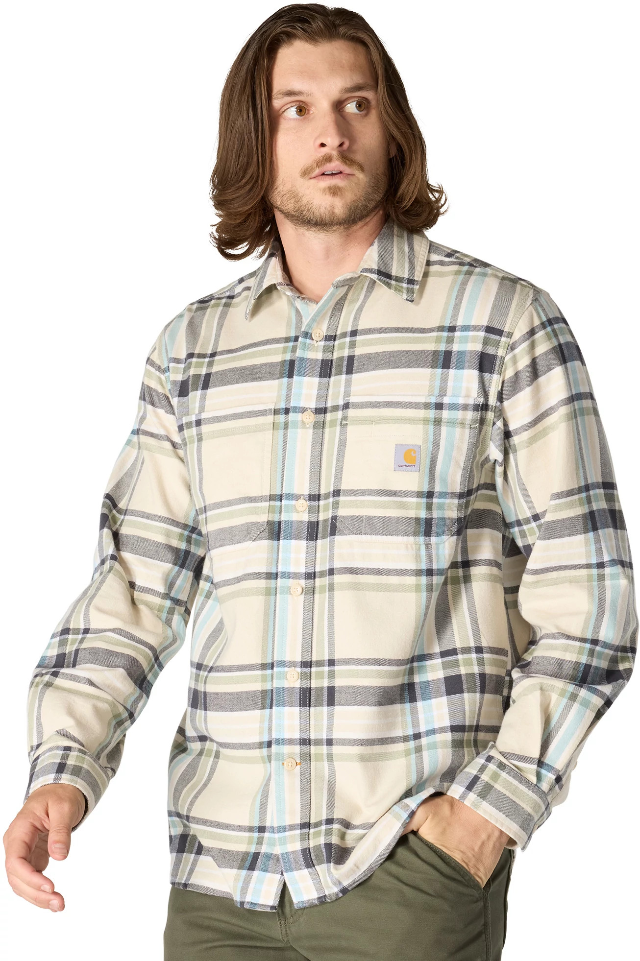 Men's Carhartt Rugged Flex Midweight Flannel Plaid Shirt shown in Oat Milk (Off White)