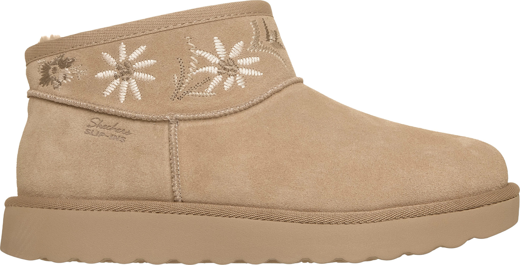 Women's Skechers Slip-Ins Cozy Chateau Mini Blossom Scotchgard Boot shown in Sand (Tan)