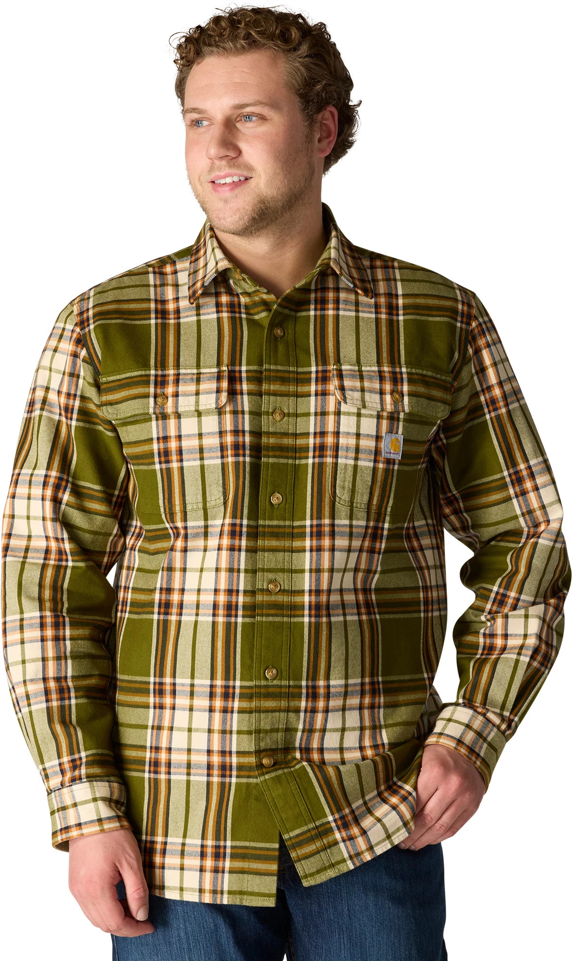 Men's Carhartt Loose Fit Heavyweight Flannel Plaid Shirt shown in Dark Bronzed Grn (Green)