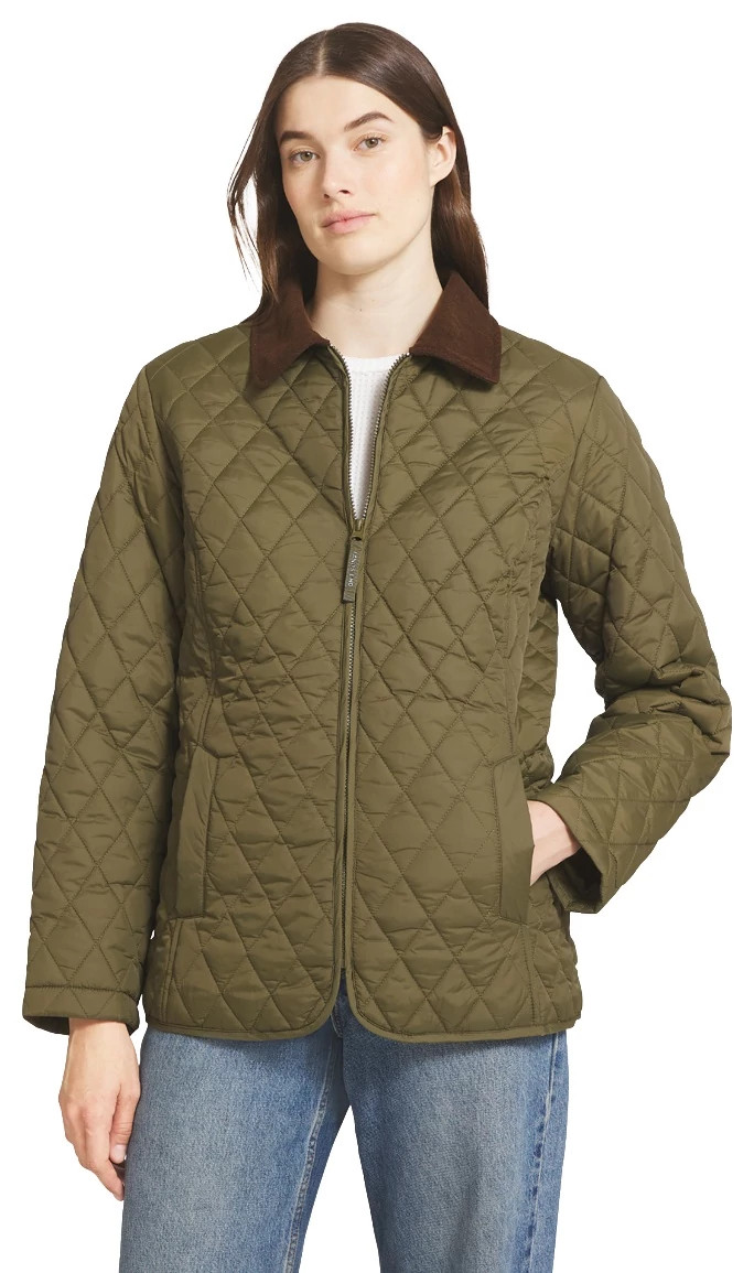 Women's Lands' End Corduroy Collor Zip Front Quilted Barn Jacket shown in Olive Night (Green)
