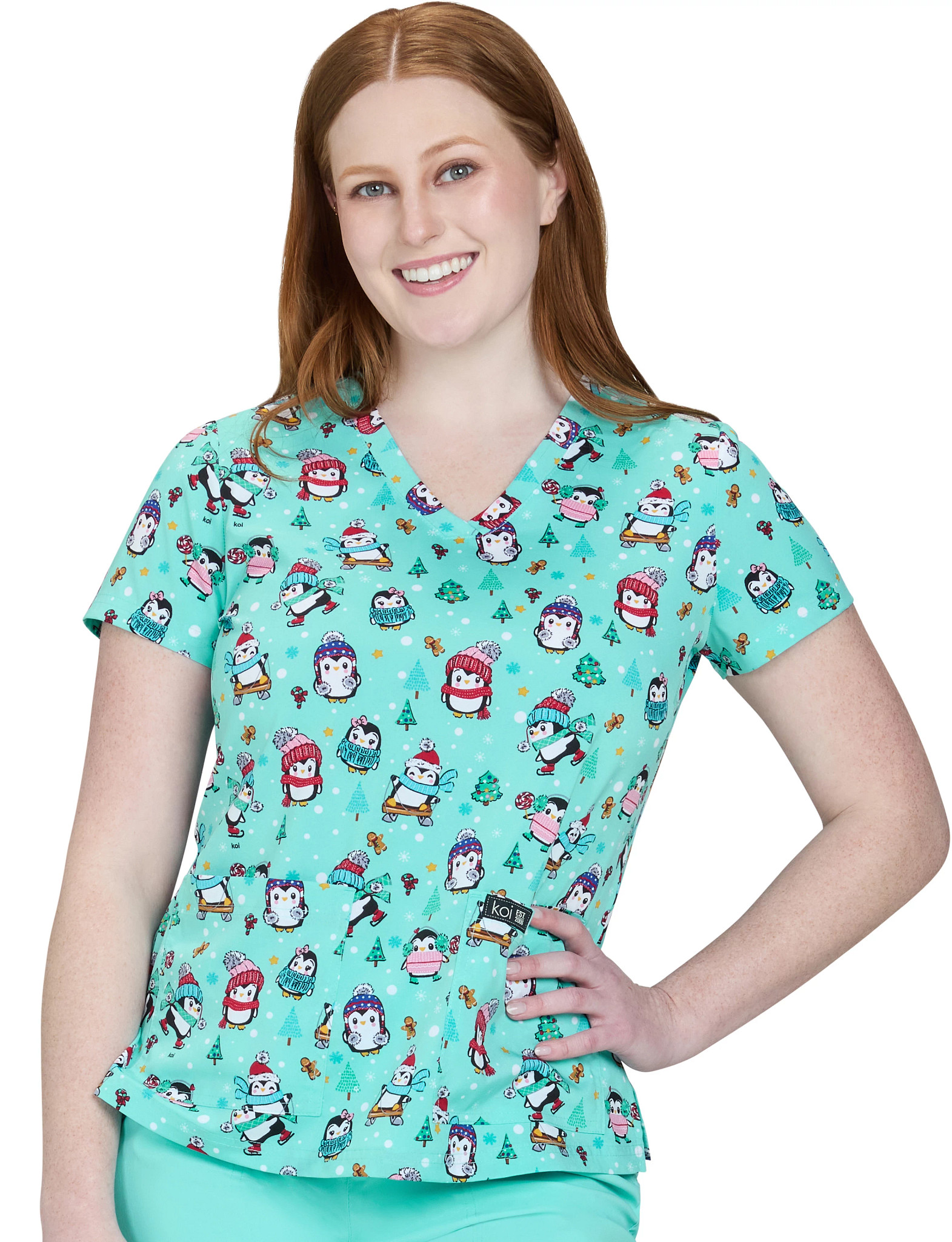 Women's Koi Basics Leslie Pretty Ribbon Bca V Neck shown in Blue/Mult (Prints)