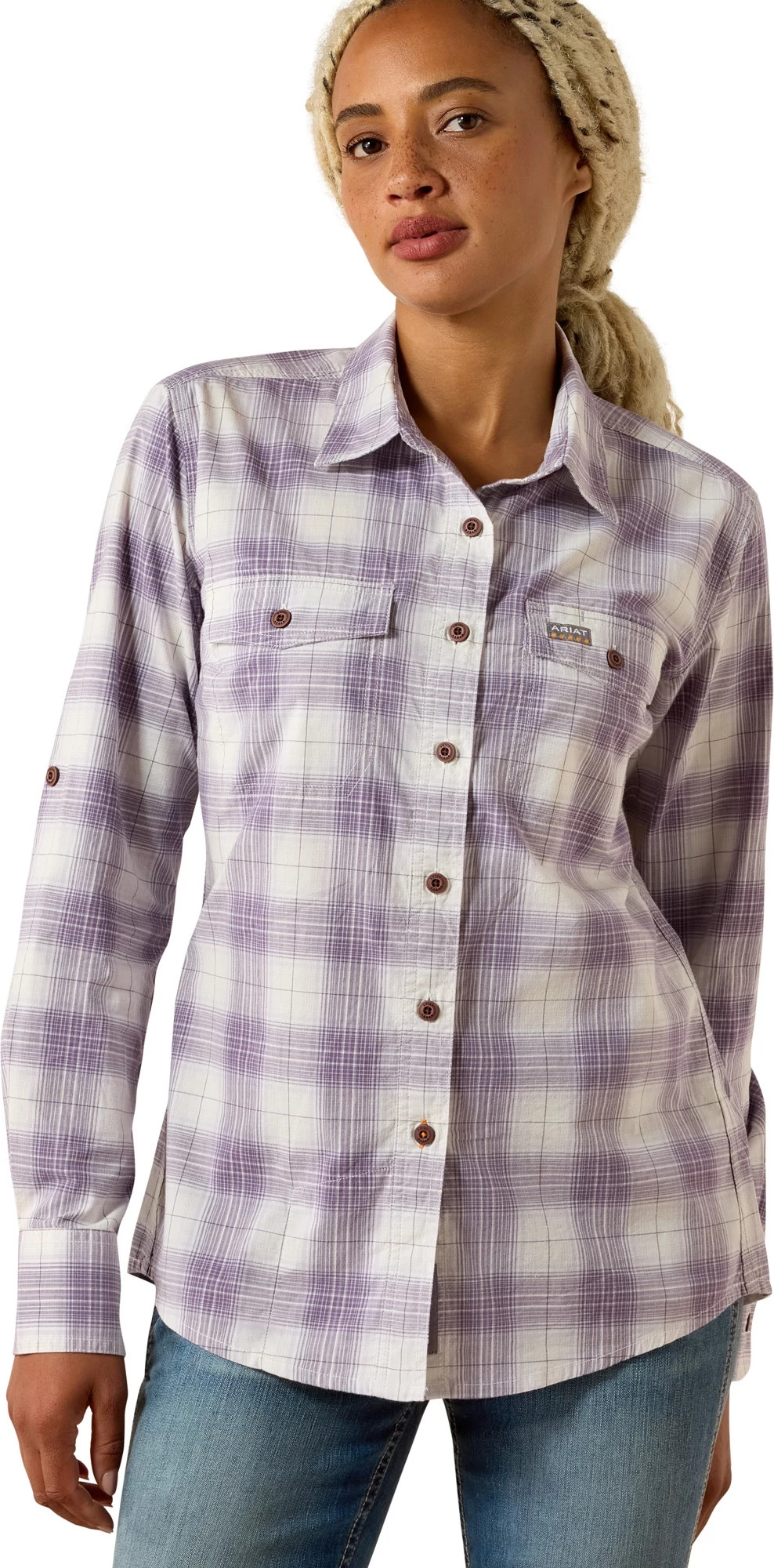 Women's Ariat Made Tough Durastretch Work Shirt shown in Thistle (Purple)